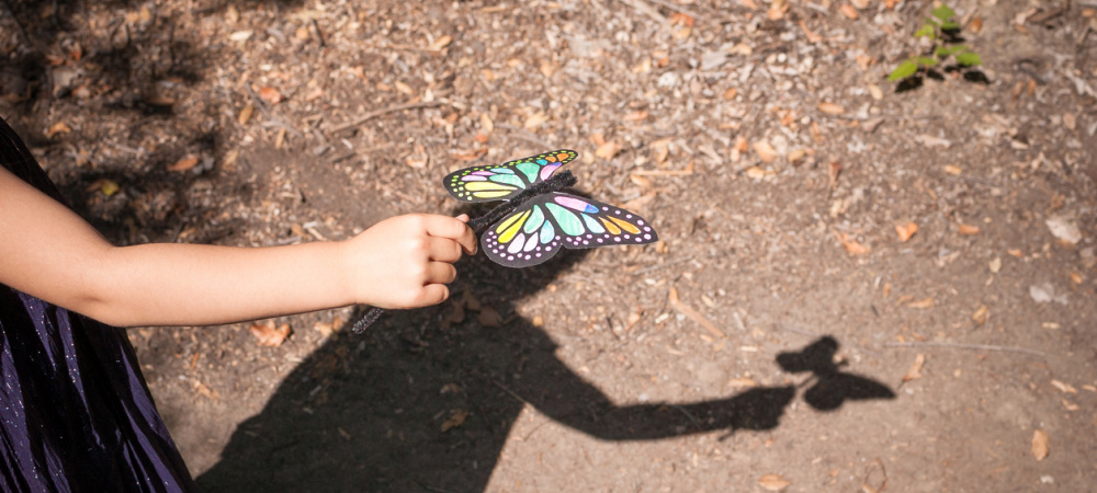 Ein Kind spielt mit einem Papier-Schmetterling und seinem Schatten