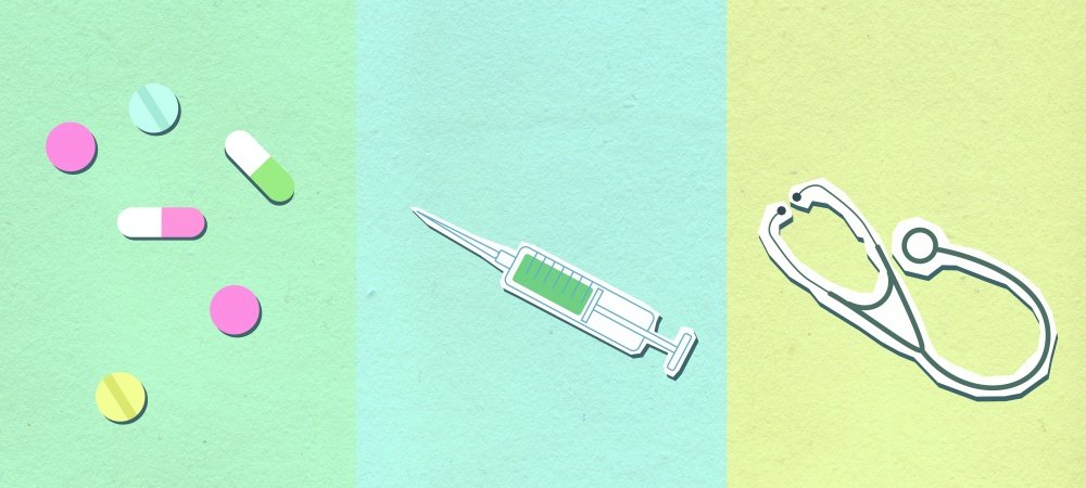 Tabletten, Spritze und Stethoskop