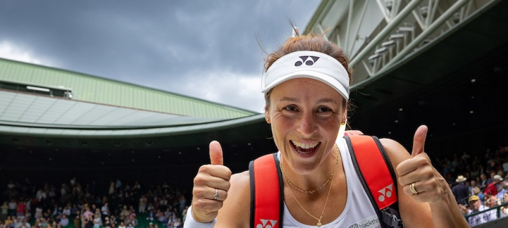 Tennisspielerin Tatjana Maria jubelt nach ihrem Sieg im Achtelfinale von Wimbledon 2022
