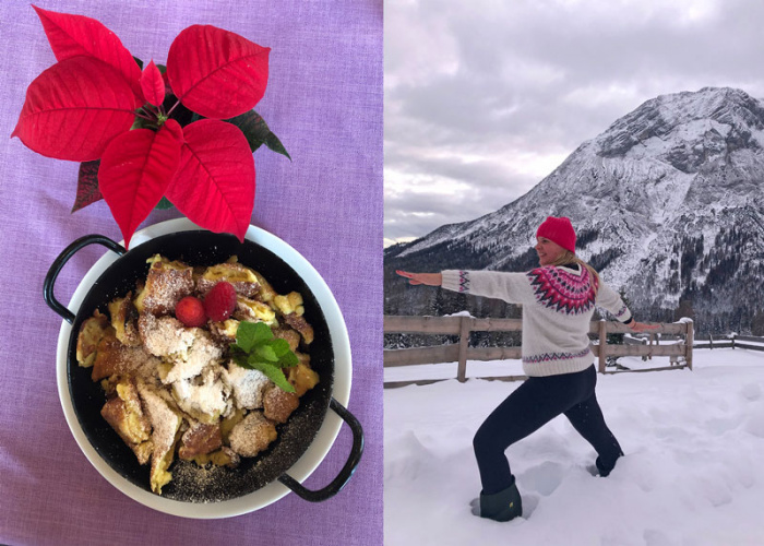 Yoga in den Bergen: Frau macht Krieger im Schnee